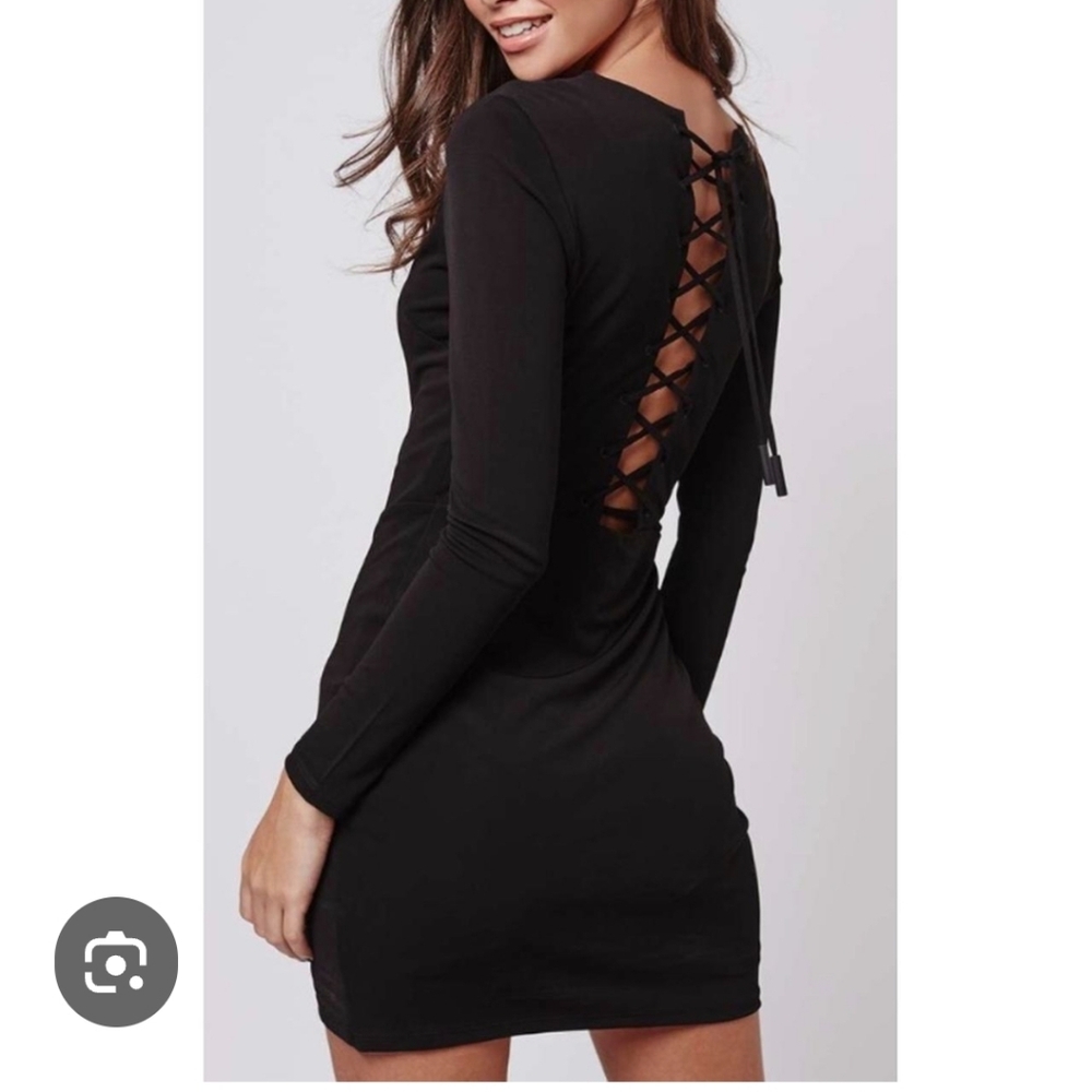 Elegant Black V-Neck Mini Dress, Lace Up‎ Back. Steempunk, Goth. Size 14